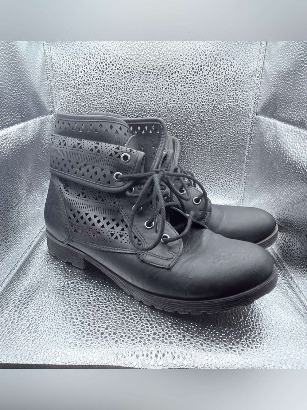 Rock & Candy Black Laser Cut Lace-Up Ankle Boots